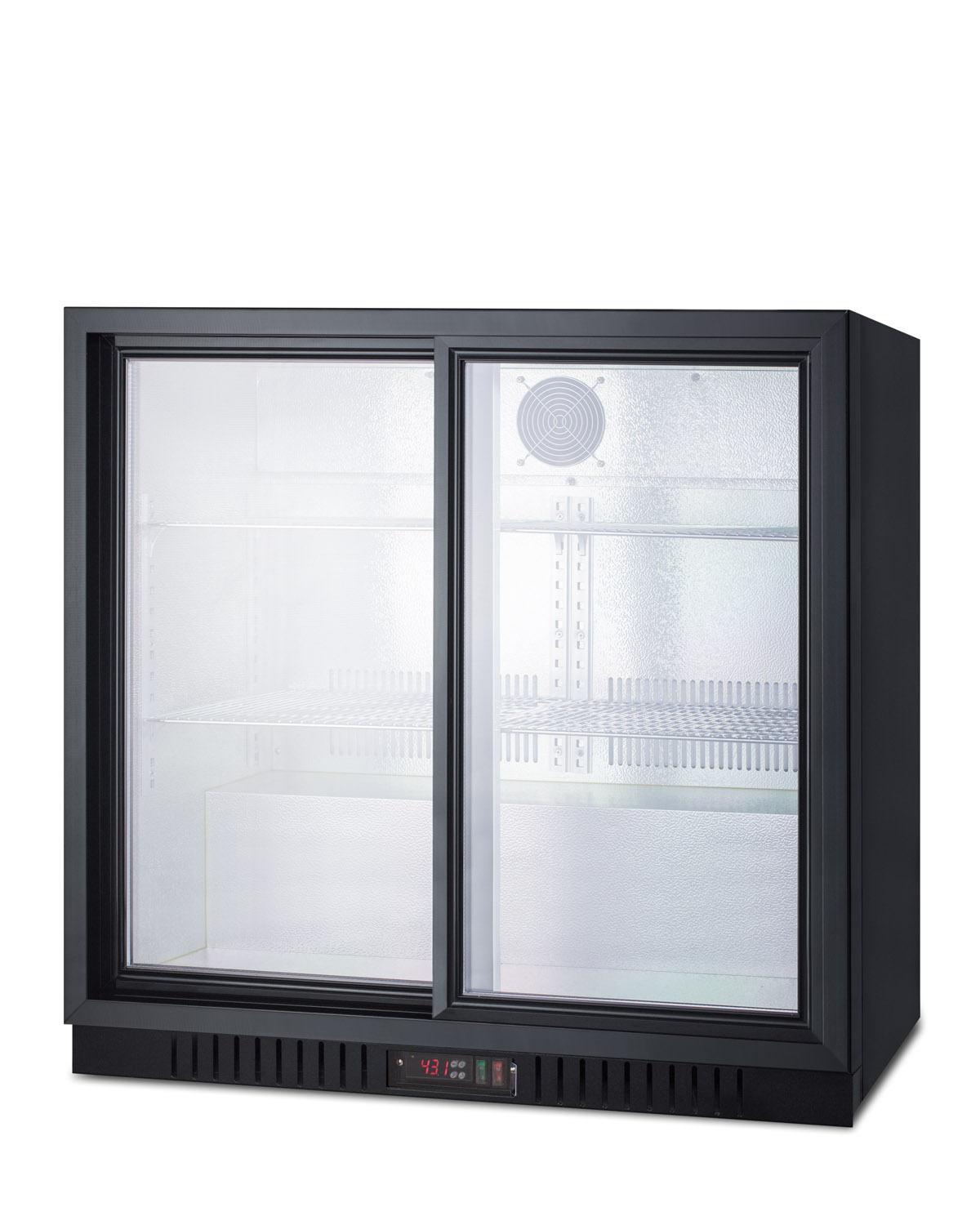 Commercial back bar beverage center for freestanding use designed for the display and refrigeration of beverages and sealed food, with sliding glass doors and black cabinet; replaces SCR700